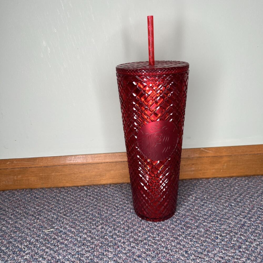 Starbucks 2021 Winter Holiday Red Jeweled Cold Cup 24oz Venti Tumbler W/ Straw